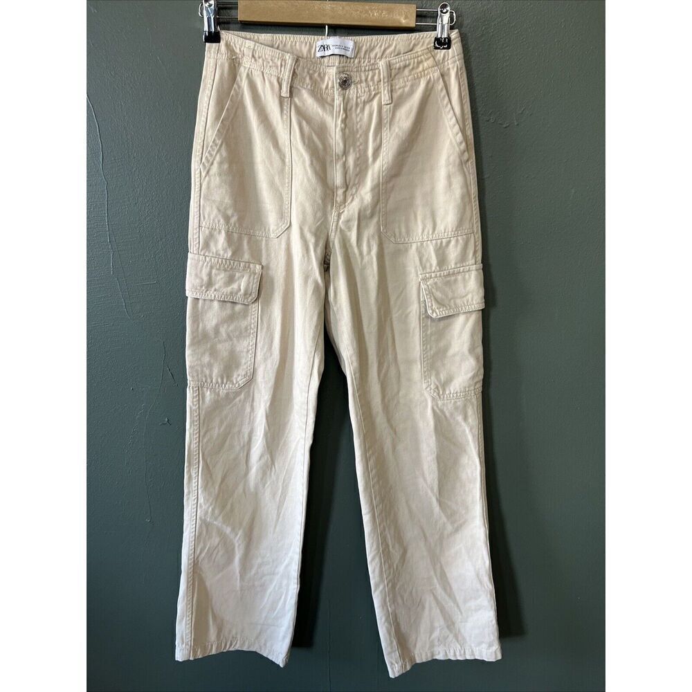 Zara Pants Womens 2 Beige Khaki Cargo High Rise Straight Leg Casual Neutral